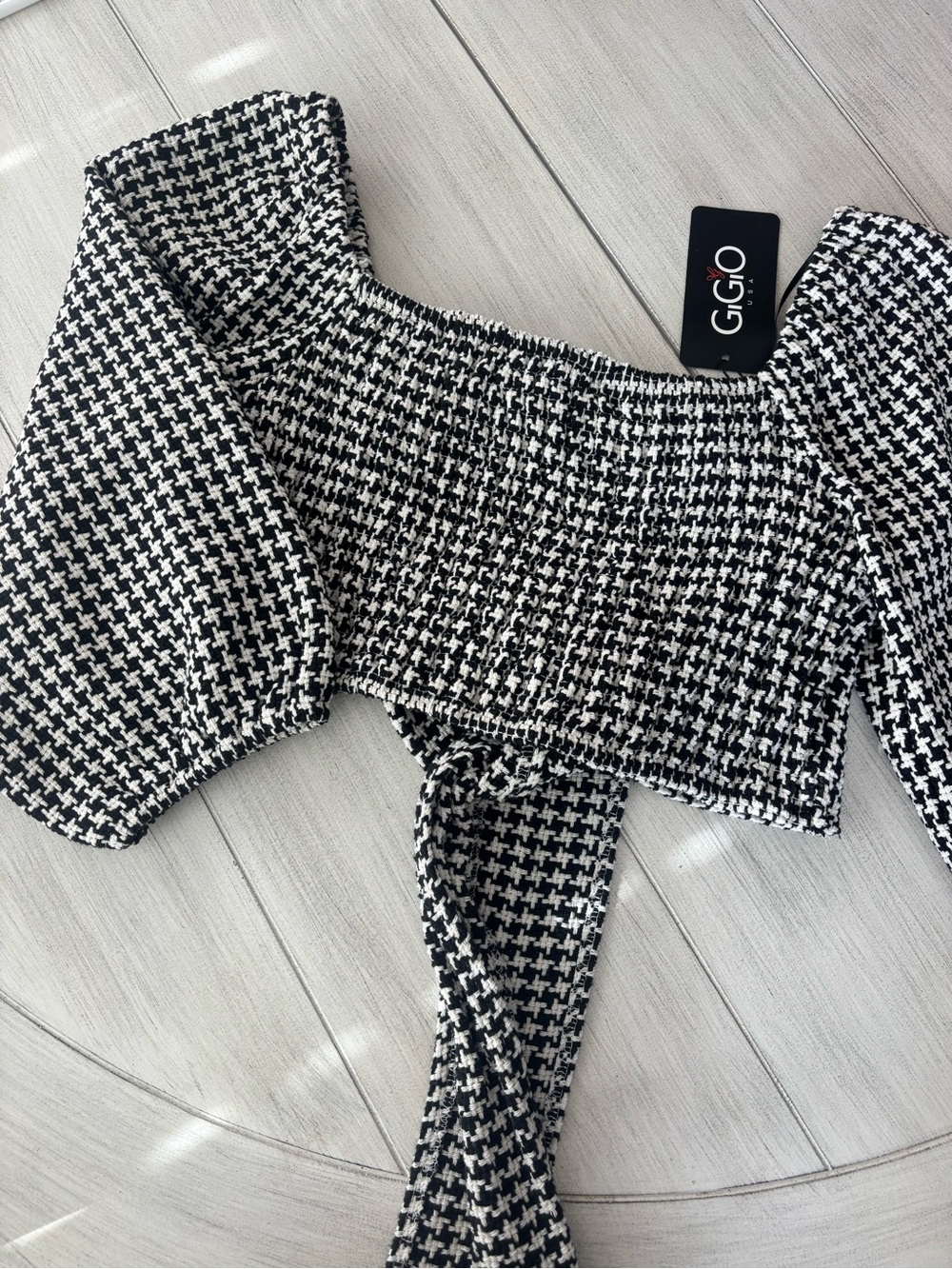 NWT Black & White Houndstooth Smocked Off-Shoulder Top, Crop Top, Bow Detail